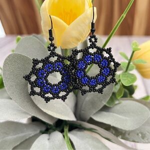 Handmade circle earrings on black and blue with Czech beads #11